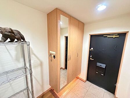 (居住中につき画像を加工しています。)玄関の様子です。シューズクローゼットに全身鏡がついており、お出かけ前の確認に便利です。