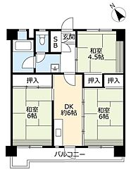 UR都市機構金田一丁目団地6号棟 3DKの間取図画像
