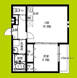 フジパレス瓜生堂III番館 2階1LDKの間取り