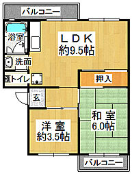 有野台住宅6号棟 2LDKの間取図画像