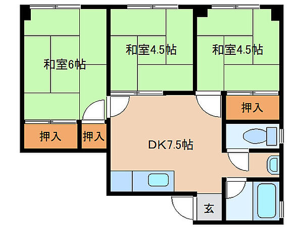 ハピネスハイツ 604｜奈良県奈良市北京終町(賃貸マンション3DK・6階・50.66㎡)の写真 その2