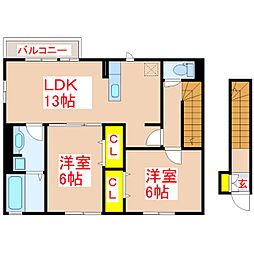 ルーチェ・アモンB棟 2LDKの間取図画像