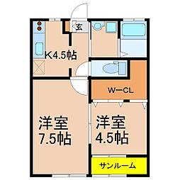 ユニヴェールB棟 2Kの間取図画像