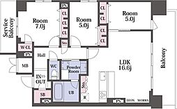 スプランディッド本町東DUE 19階3LDKの間取り