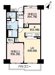 UR都市機構ウインズタウン稲毛海岸8棟 2LDKの間取図画像