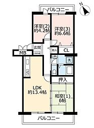 UR都市機構幕張4丁目団地2号棟 3LDKの間取図画像