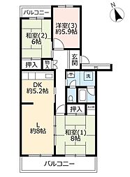 UR都市機構高津団地2-29 3LDKの間取図画像