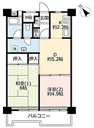 UR都市機構ハイタウン塩浜8 2DKの間取図画像