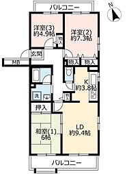UR都市機構パークサイド鎌ケ谷10号棟 3LDKの間取図画像