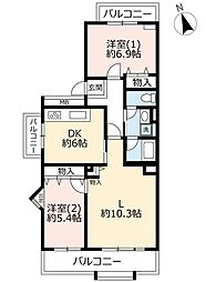 UR都市機構パークサイド鎌ケ谷1号棟 2LDKの間取図画像