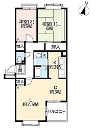つくば・二の宮1号棟 2LDKの間取図画像