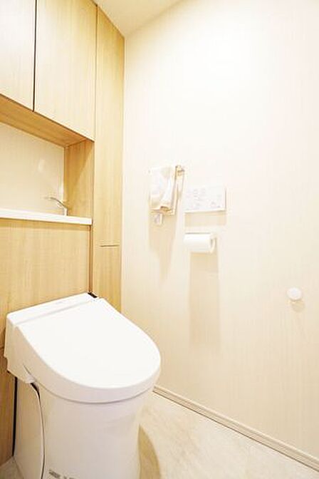 清潔感があり、お掃除がしやすいトイレです。必要最低限の収納スペースも付いています。