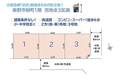 区画図：間取りの自由度高い、マイホームが建てられる「建築条件なし」　　小田急線「渋沢」駅徒歩5分◎　小・中学校やお買い物施設（スーパー・コンビニ他）近く、利便性に優れた住環境♪