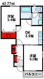 ラ・プリマヴェーラB 2DKの間取図画像