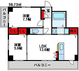 アーリーリバー 2LDKの間取図画像