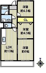 熊内山本ハイツ 3LDKの間取図画像