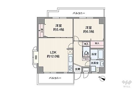 間取りは専有面積57.54平米の2LDK。両面バルコニー、全室が共用廊下に面さず開放的なプラン。LDKは二面採光で、キッチンはスペースを広く使える壁付けタイプ。