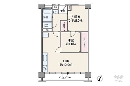 間取りは専有面積50.23平米の2LDK。バルコニー面積は6.1平米(概算)です。