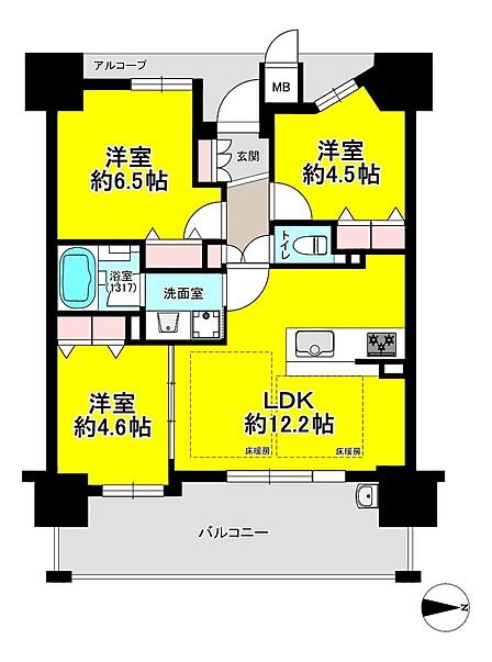 間口約7.4mのワイドスパン設計/廊下部分が短く面積効率の高いキュービックプランの3LDK