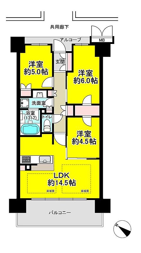 7階・南西向3LDK!使いやすいオール洋室の間取りです!陽当たりのいいお部屋で、人気のウォークスルークローゼット付♪
