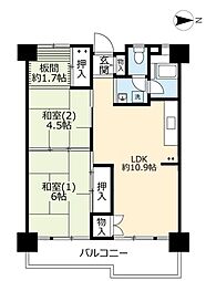 UR都市機構南港ひかりの団地16棟 2LDKの間取図画像