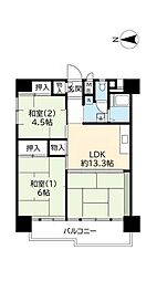 UR都市機構南港ひかりの団地14棟 2LDKの間取図画像