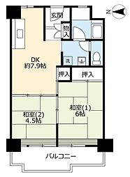 UR都市機構南港わかぎの団地44棟 2DKの間取図画像