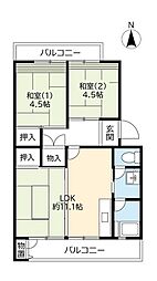 釈尊寺第三住宅45号棟 2LDKの間取図画像