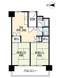 UR都市機構泉北原山台1丁団地5-2棟 1LDKの間取図画像