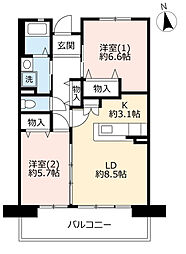 UR都市機構サンヴァリエ津久野7号棟 2LDKの間取図画像