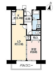UR都市機構サンヴァリエ津久野4号棟 1LDKの間取図画像