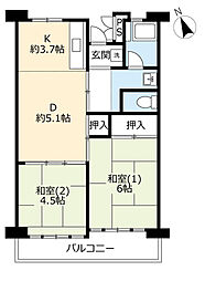 UR都市機構津久野南団地8号棟 1LDKの間取図画像