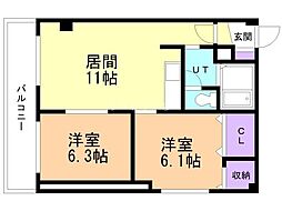 グランドマンション 2LDKの間取図画像