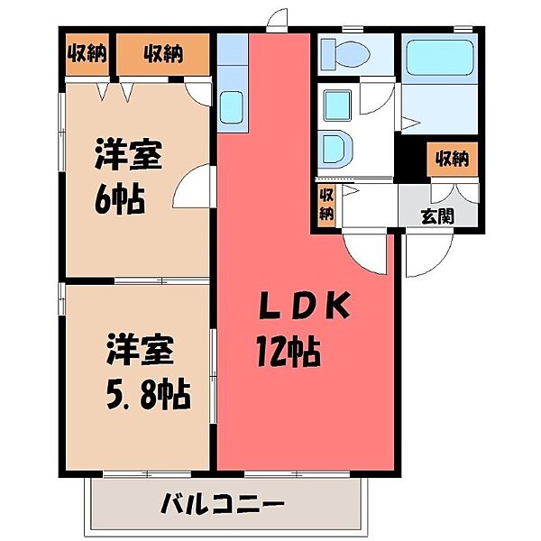 コスモ・グランデＡ棟 ｜栃木県宇都宮市下栗町(賃貸アパート2LDK・1階・54.07㎡)の写真 その2