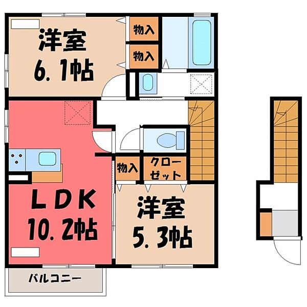 ロイヤルテラス II Ａ ｜栃木県宇都宮市駒生町(賃貸アパート2LDK・2階・57.80㎡)の写真 その2