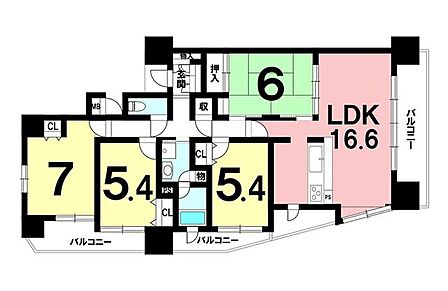 4LDK、南西角部屋、3面バルコニー、全居室収納【専有面積89.50m2】