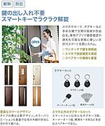 鍵の出し入れが不要なスマートキー。カードキー、タグキーのほか、スマホでも施解錠できちゃう！専用アプリを使えば履歴の確認や通知も可能。便利と防犯を兼ね備えたスマート玄関システムです。