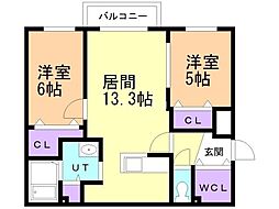 札幌市営南北線 北34条駅 徒歩8分の賃貸マンション 2階2LDKの間取り