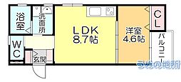 T-Regno野伏間B 1LDKの間取図画像
