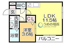 サーパス六ツ門 1LDKの間取図画像