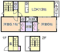 エクセラン朝妻 2LDKの間取図画像