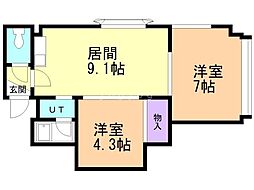 グラン市川 2DKの間取図画像