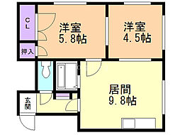 グランドアベニュー中の島B 2DKの間取図画像