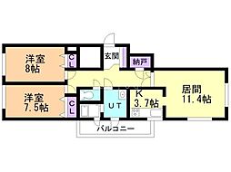 グランメール月寒中央 2LDKの間取図画像
