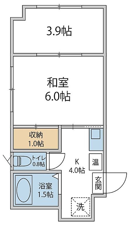 6帖の和室と3.9帖の洋室を備えた、バス・トイレ別で収納もある2Kの間取りです。