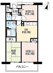 UR都市機構グリーンヒルズ御影7号棟 2LDKの間取図画像