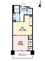 UR都市機構ルゼフィール岩屋中町 1DKの間取図画像