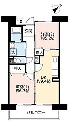 UR都市機構パークタウン西武庫9号棟 2DKの間取図画像