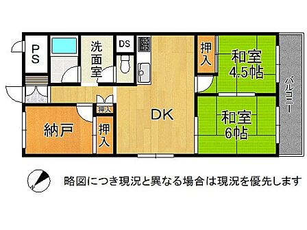 納戸を含む2DKの角住戸。全居室に窓があり採光・通風良好。