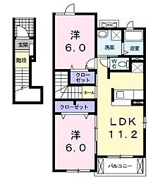 JR福塩線 新市駅 徒歩5分の賃貸アパート 2階2LDKの間取り